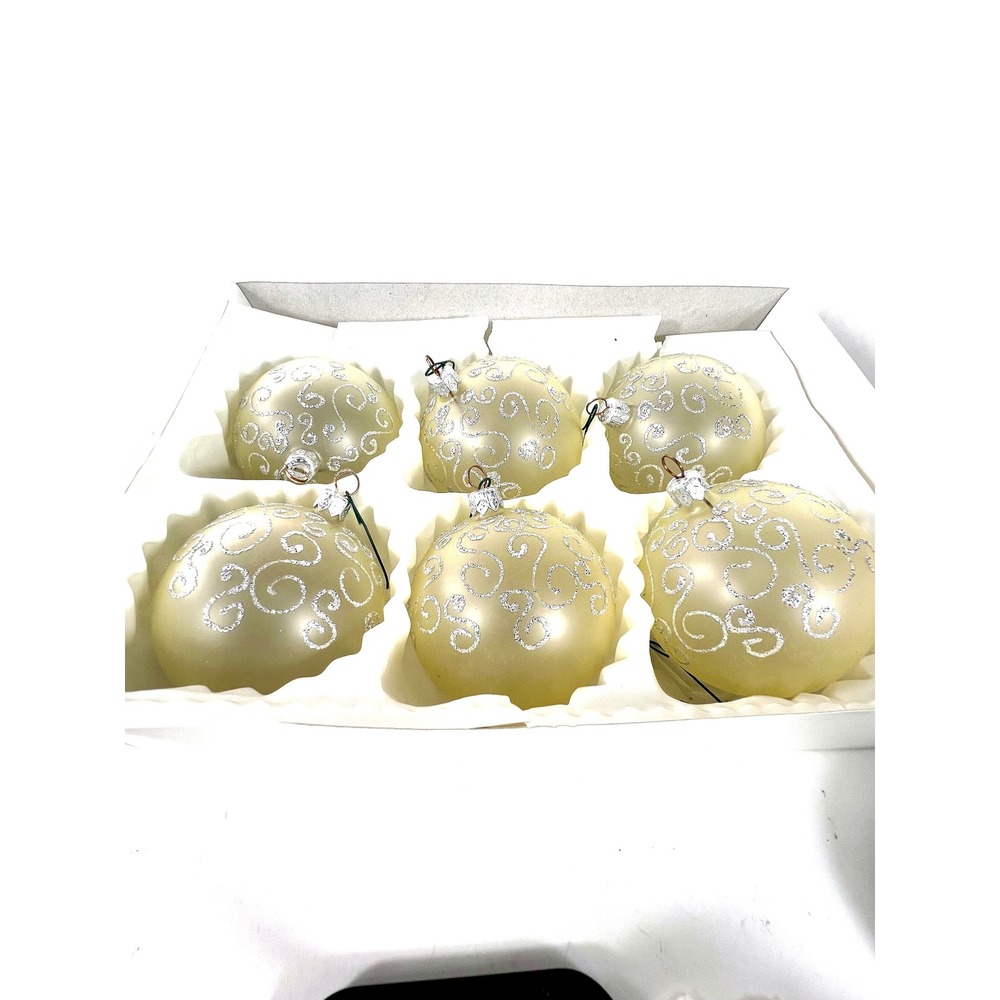 Vintage GDR Glass Christmas Ornaments Set of 6 Silver Glitter Scroll Champagne